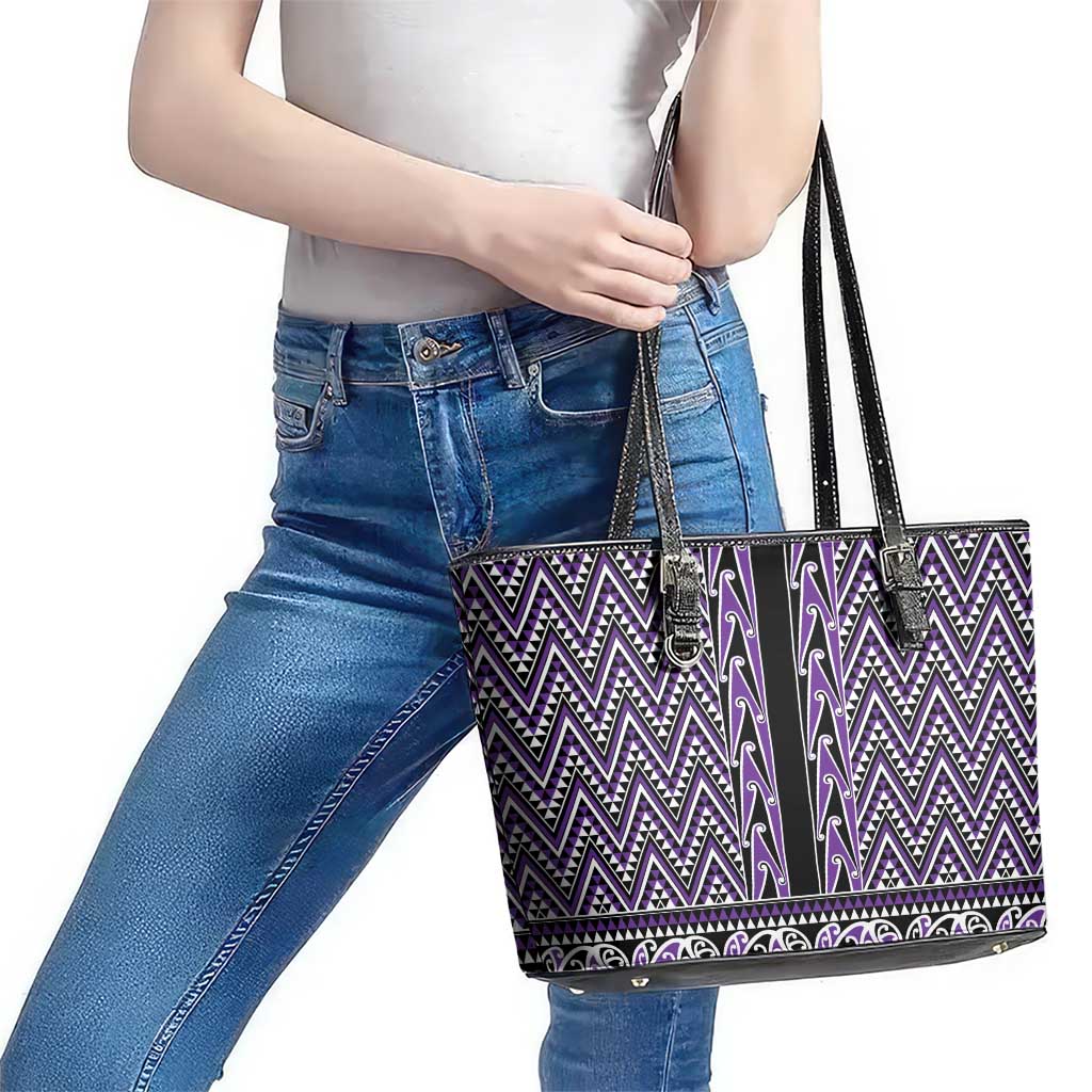 New Zealand Maori Niho Taniwha Leather Tote Bag Waiporopo Mangopare and Puhoro Pattern