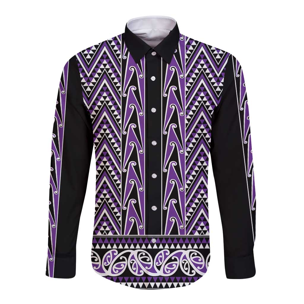 New Zealand Maori Niho Taniwha Long Sleeve Button Shirt Waiporopo Mangopare and Puhoro Pattern LT9 Unisex Purple - Polynesian Pride