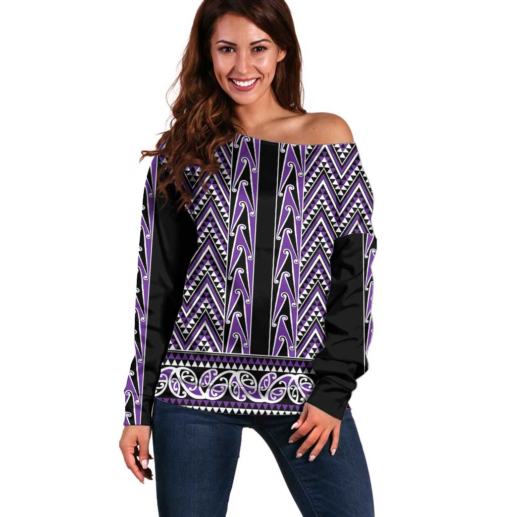 New Zealand Maori Niho Taniwha Off Shoulder Sweater Waiporopo Mangopare and Puhoro Pattern