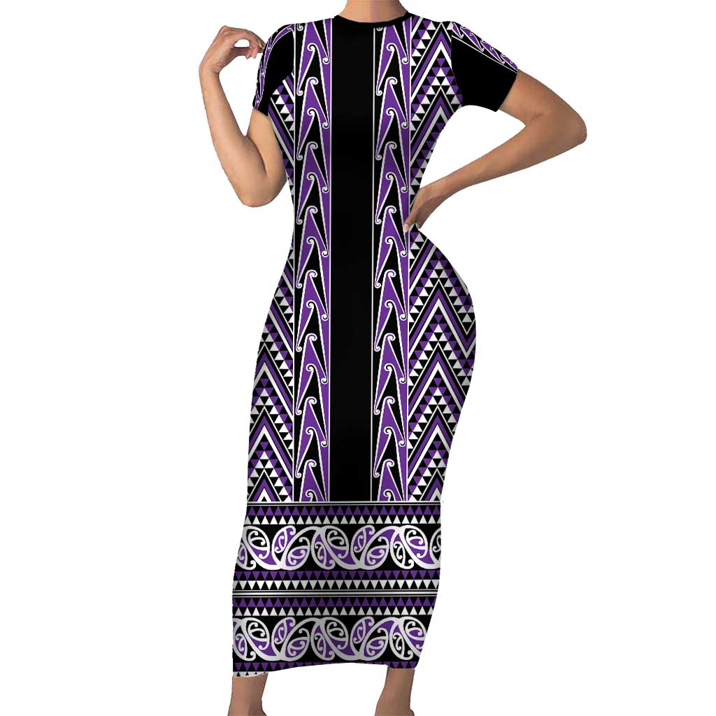 New Zealand Maori Niho Taniwha Short Sleeve Bodycon Dress Waiporopo Mangopare and Puhoro Pattern