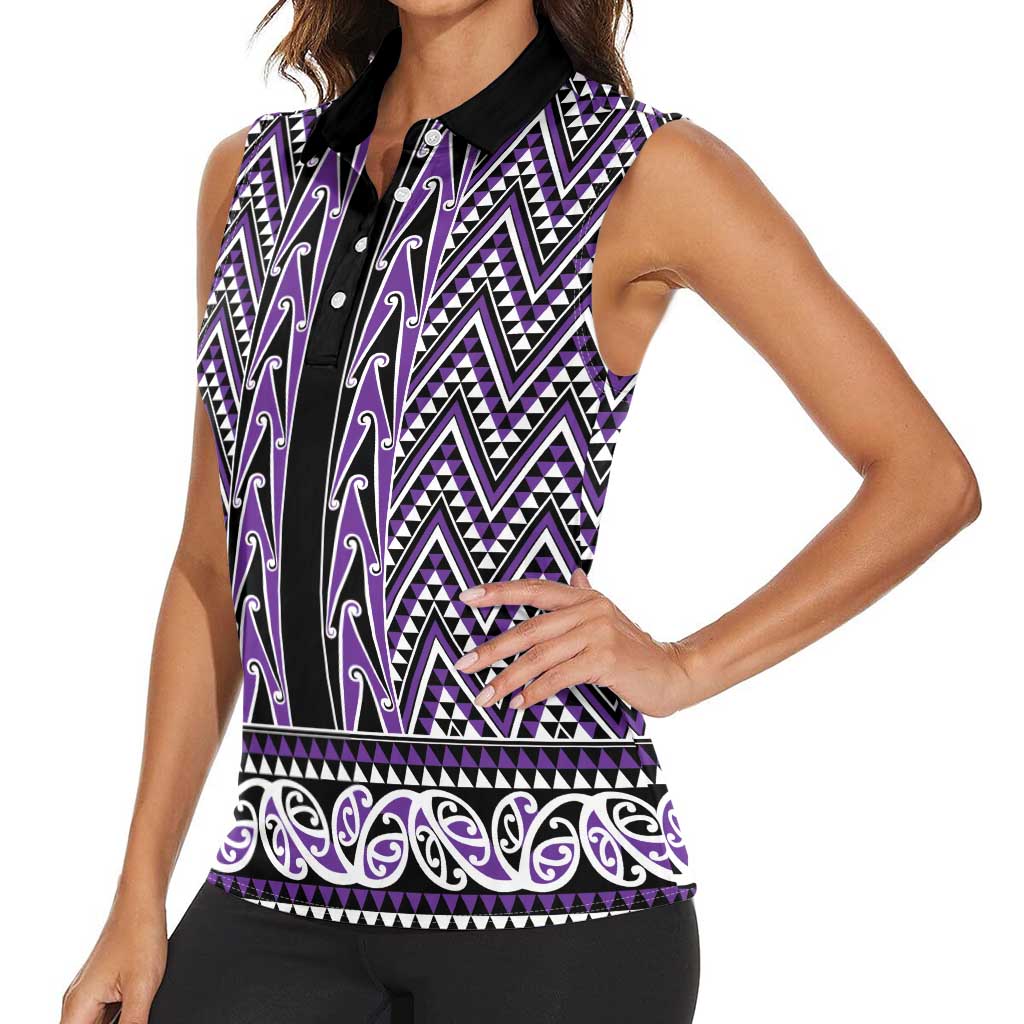 New Zealand Maori Niho Taniwha Women Sleeveless Polo Shirt Waiporopo Mangopare and Puhoro Pattern