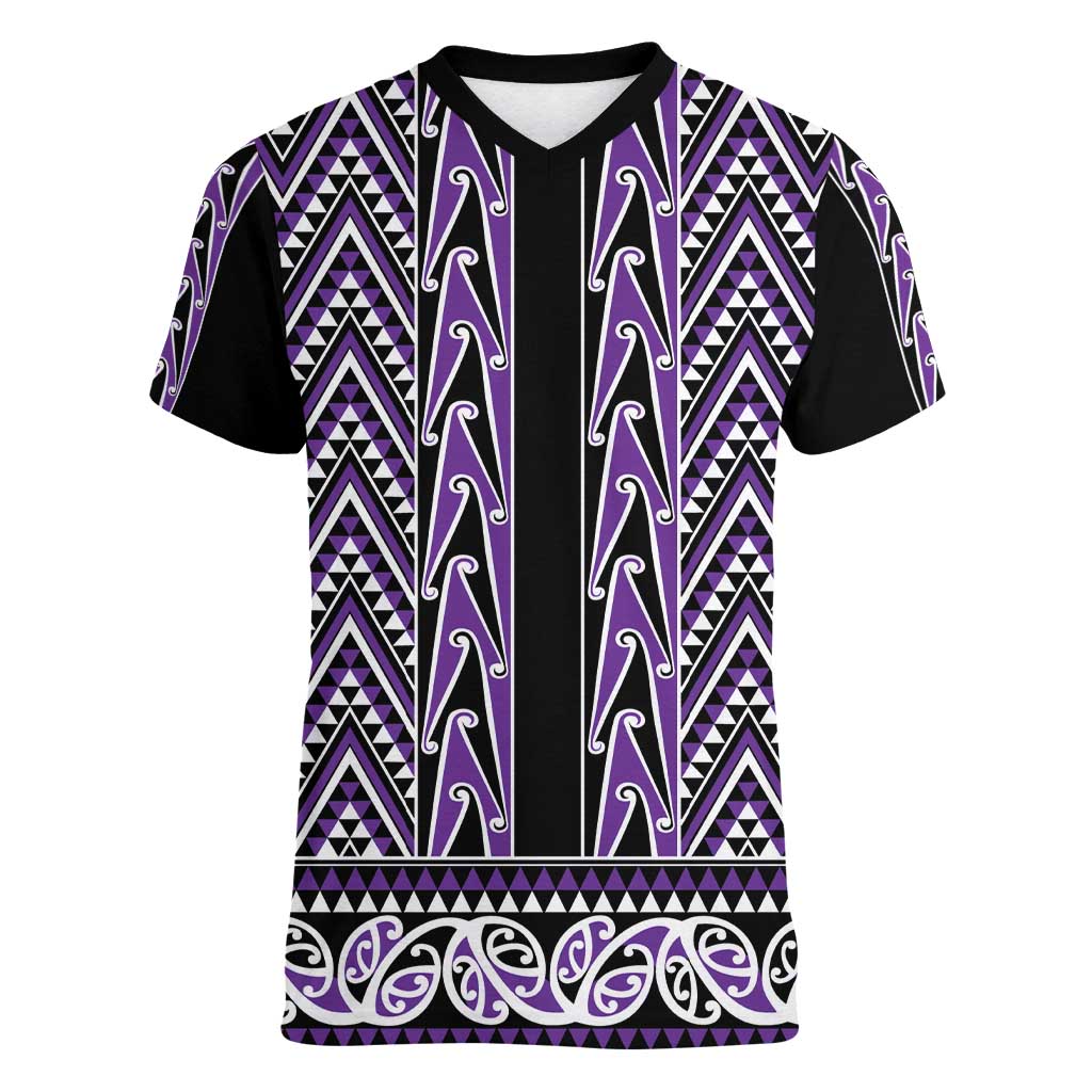 New Zealand Maori Niho Taniwha Women V-Neck T-Shirt Waiporopo Mangopare and Puhoro Pattern LT9 Female Purple - Polynesian Pride