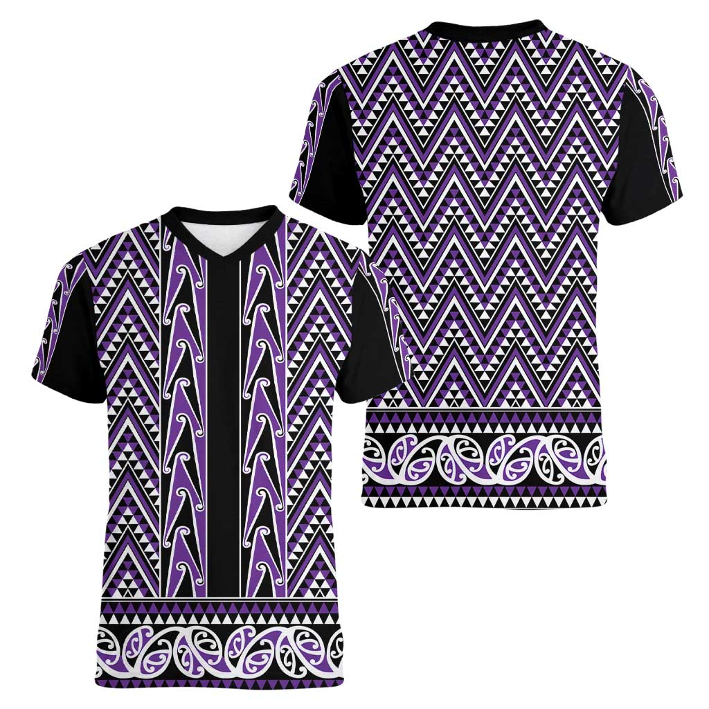 New Zealand Maori Niho Taniwha Women V-Neck T-Shirt Waiporopo Mangopare and Puhoro Pattern LT9 - Polynesian Pride
