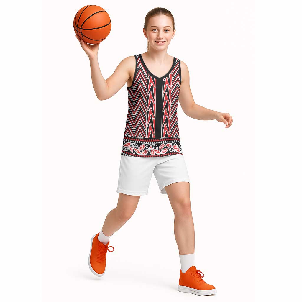 New Zealand Maori Niho Taniwha Basketball Jersey Whero Mangopare and Puhoro Pattern - Polynesian Pride