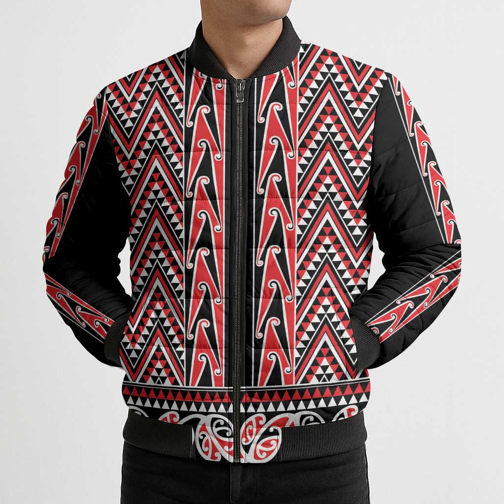 New Zealand Maori Niho Taniwha Bomber Puffer Jacket Whero Mangopare and Puhoro Pattern - Polynesian Pride