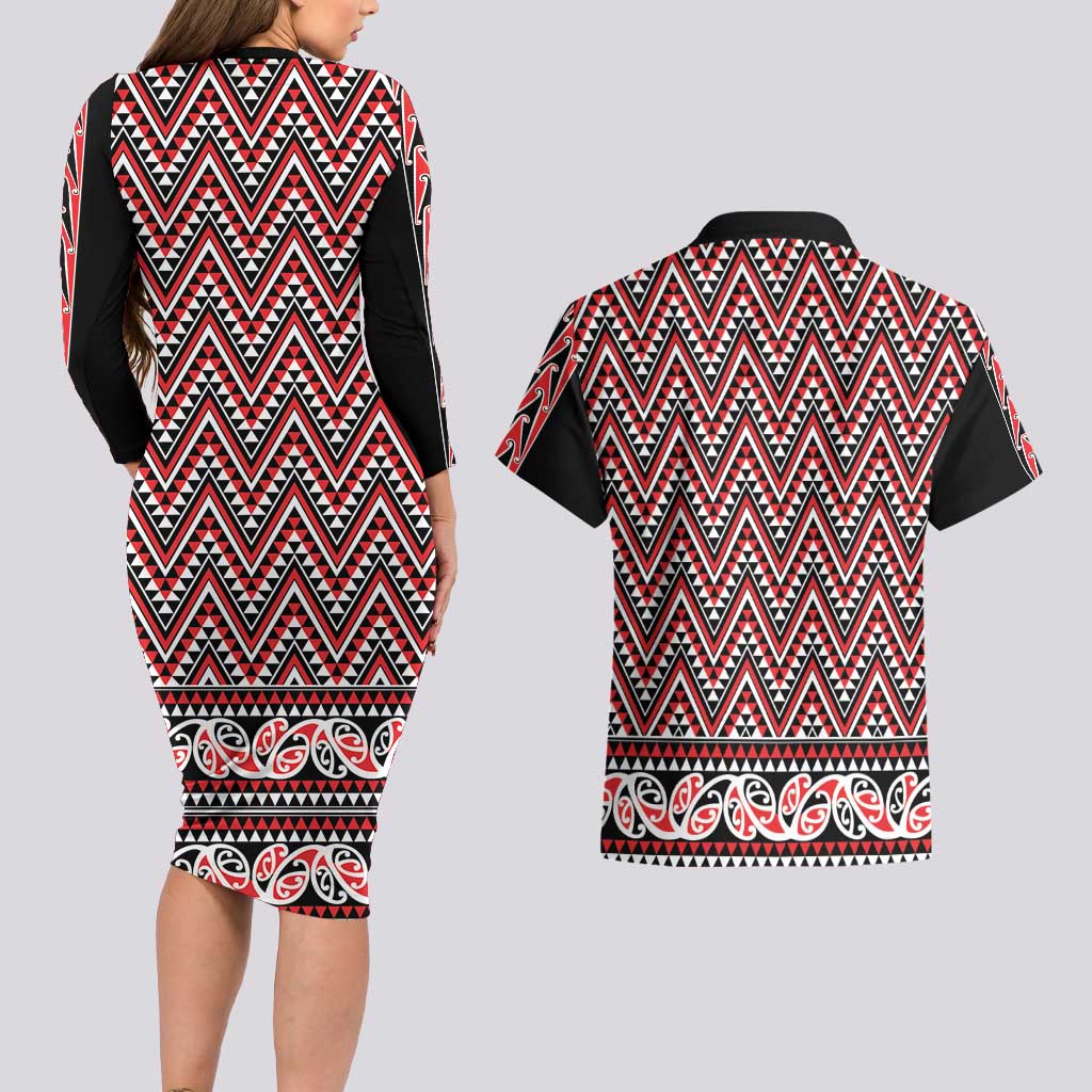 New Zealand Maori Niho Taniwha Couples Matching Long Sleeve Bodycon Dress and Hawaiian Shirt Whero Mangopare and Puhoro Pattern LT9 - Polynesian Pride