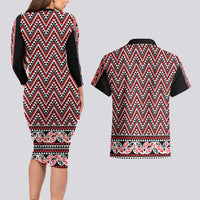 New Zealand Maori Niho Taniwha Couples Matching Long Sleeve Bodycon Dress and Hawaiian Shirt Whero Mangopare and Puhoro Pattern LT9 - Polynesian Pride