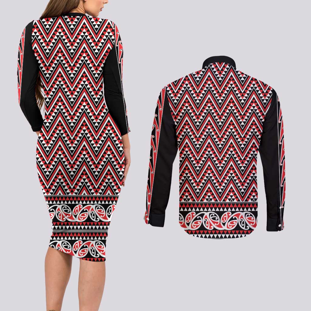 New Zealand Maori Niho Taniwha Couples Matching Long Sleeve Bodycon Dress and Long Sleeve Button Shirt Whero Mangopare and Puhoro Pattern LT9 - Polynesian Pride
