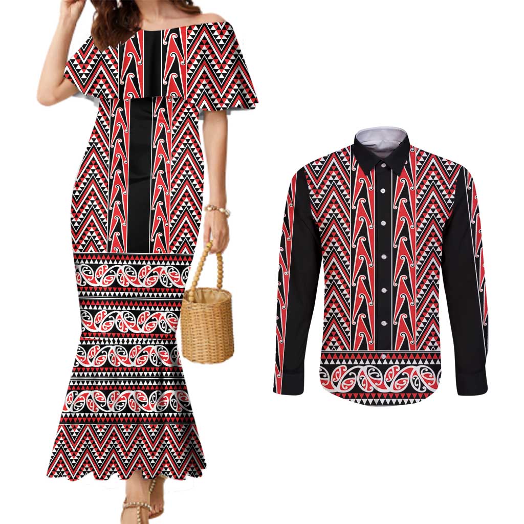 New Zealand Maori Niho Taniwha Couples Matching Mermaid Dress and Long Sleeve Button Shirt Whero Mangopare and Puhoro Pattern LT9 Red - Polynesian Pride