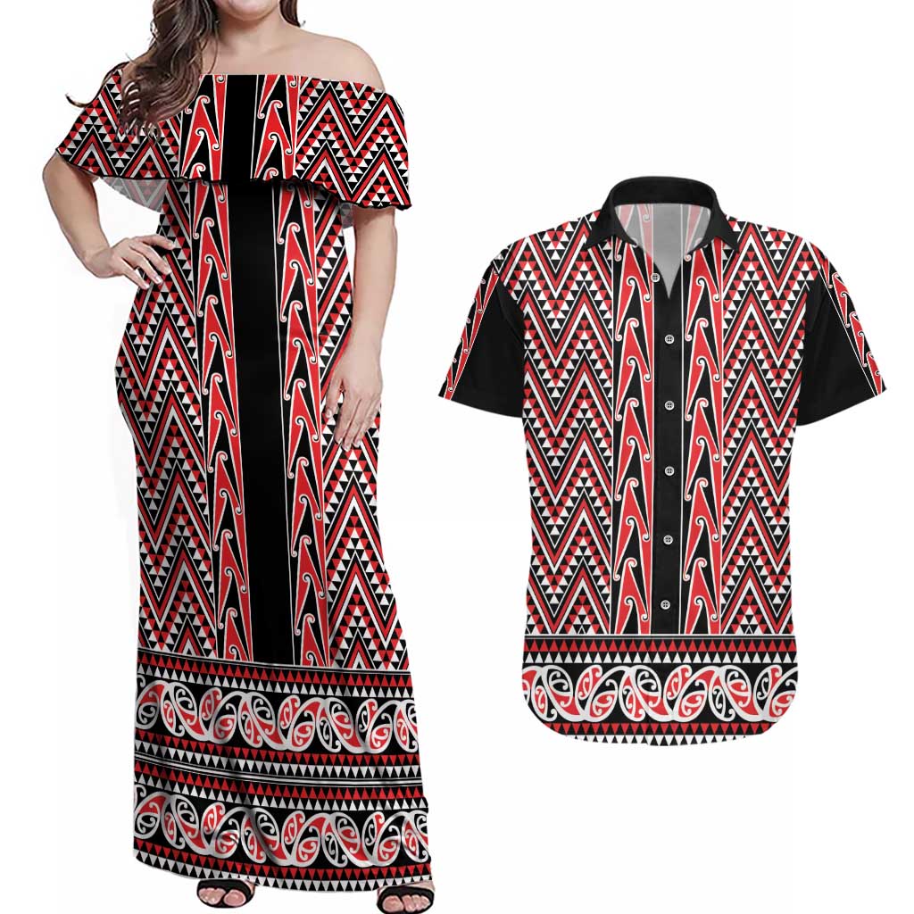 New Zealand Maori Niho Taniwha Couples Matching Off Shoulder Maxi Dress and Hawaiian Shirt Whero Mangopare and Puhoro Pattern LT9 Red - Polynesian Pride