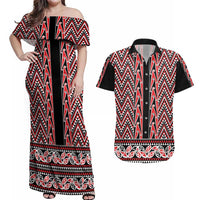 New Zealand Maori Niho Taniwha Couples Matching Off Shoulder Maxi Dress and Hawaiian Shirt Whero Mangopare and Puhoro Pattern LT9 Red - Polynesian Pride