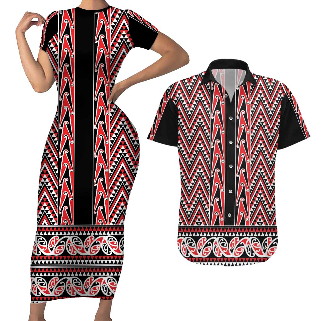 New Zealand Maori Niho Taniwha Couples Matching Short Sleeve Bodycon Dress and Hawaiian Shirt Whero Mangopare and Puhoro Pattern LT9 Red - Polynesian Pride