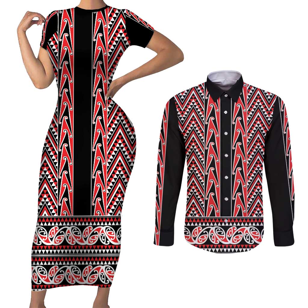 New Zealand Maori Niho Taniwha Couples Matching Short Sleeve Bodycon Dress and Long Sleeve Button Shirt Whero Mangopare and Puhoro Pattern