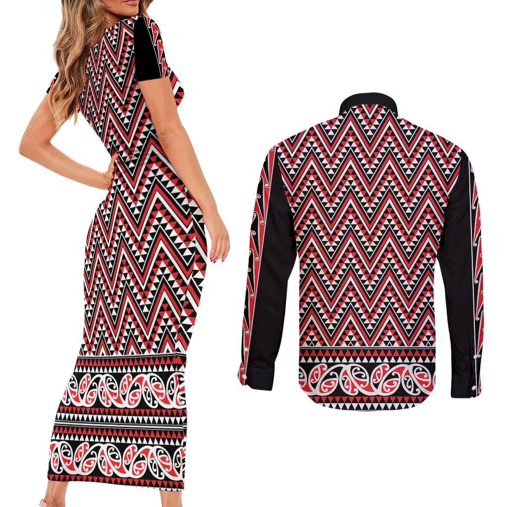 New Zealand Maori Niho Taniwha Couples Matching Short Sleeve Bodycon Dress and Long Sleeve Button Shirt Whero Mangopare and Puhoro Pattern LT9 - Polynesian Pride