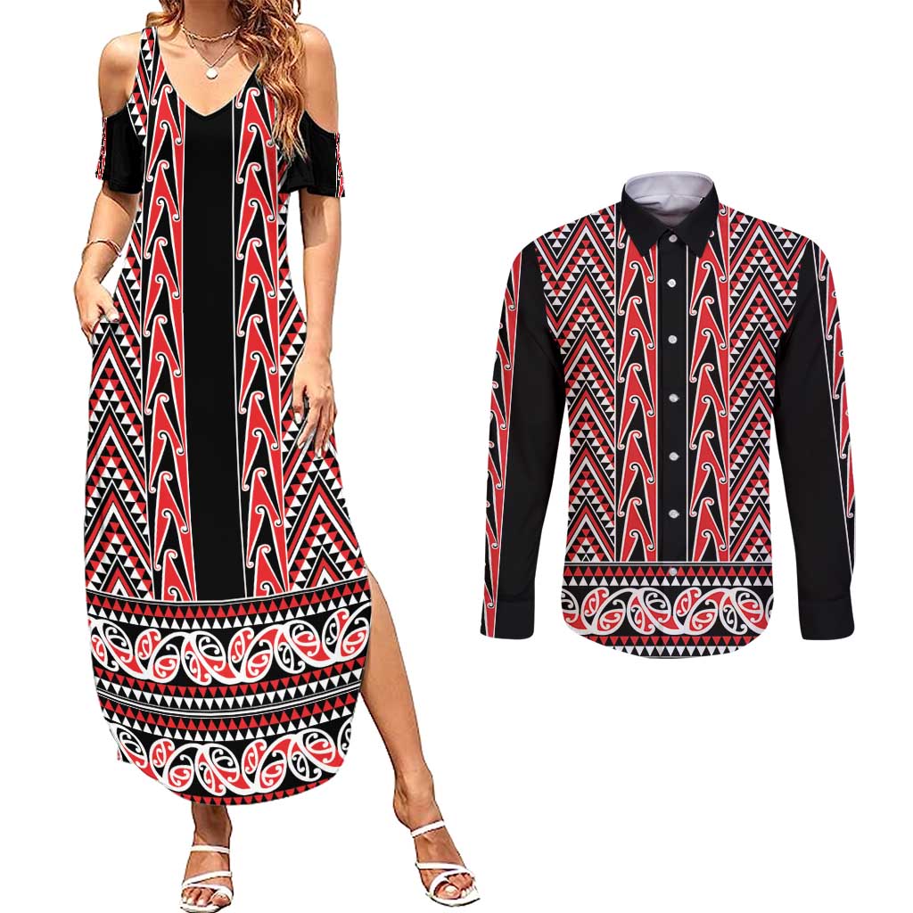 New Zealand Maori Niho Taniwha Couples Matching Summer Maxi Dress and Long Sleeve Button Shirt Whero Mangopare and Puhoro Pattern