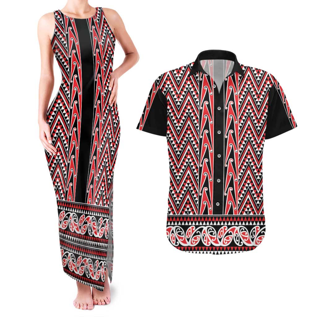 New Zealand Maori Niho Taniwha Couples Matching Tank Maxi Dress and Hawaiian Shirt Whero Mangopare and Puhoro Pattern LT9 Red - Polynesian Pride