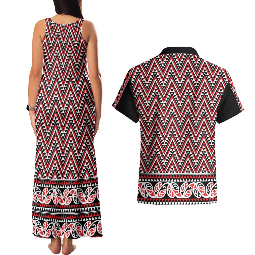 New Zealand Maori Niho Taniwha Couples Matching Tank Maxi Dress and Hawaiian Shirt Whero Mangopare and Puhoro Pattern LT9 - Polynesian Pride