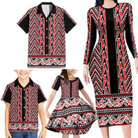 New Zealand Maori Niho Taniwha Family Matching Long Sleeve Bodycon Dress and Hawaiian Shirt Whero Mangopare and Puhoro Pattern
