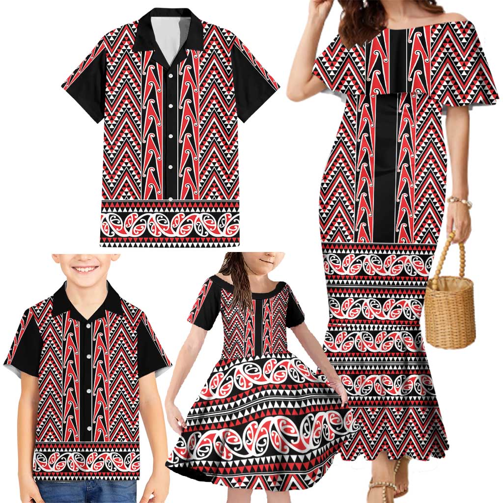 New Zealand Maori Niho Taniwha Family Matching Mermaid Dress and Hawaiian Shirt Whero Mangopare and Puhoro Pattern