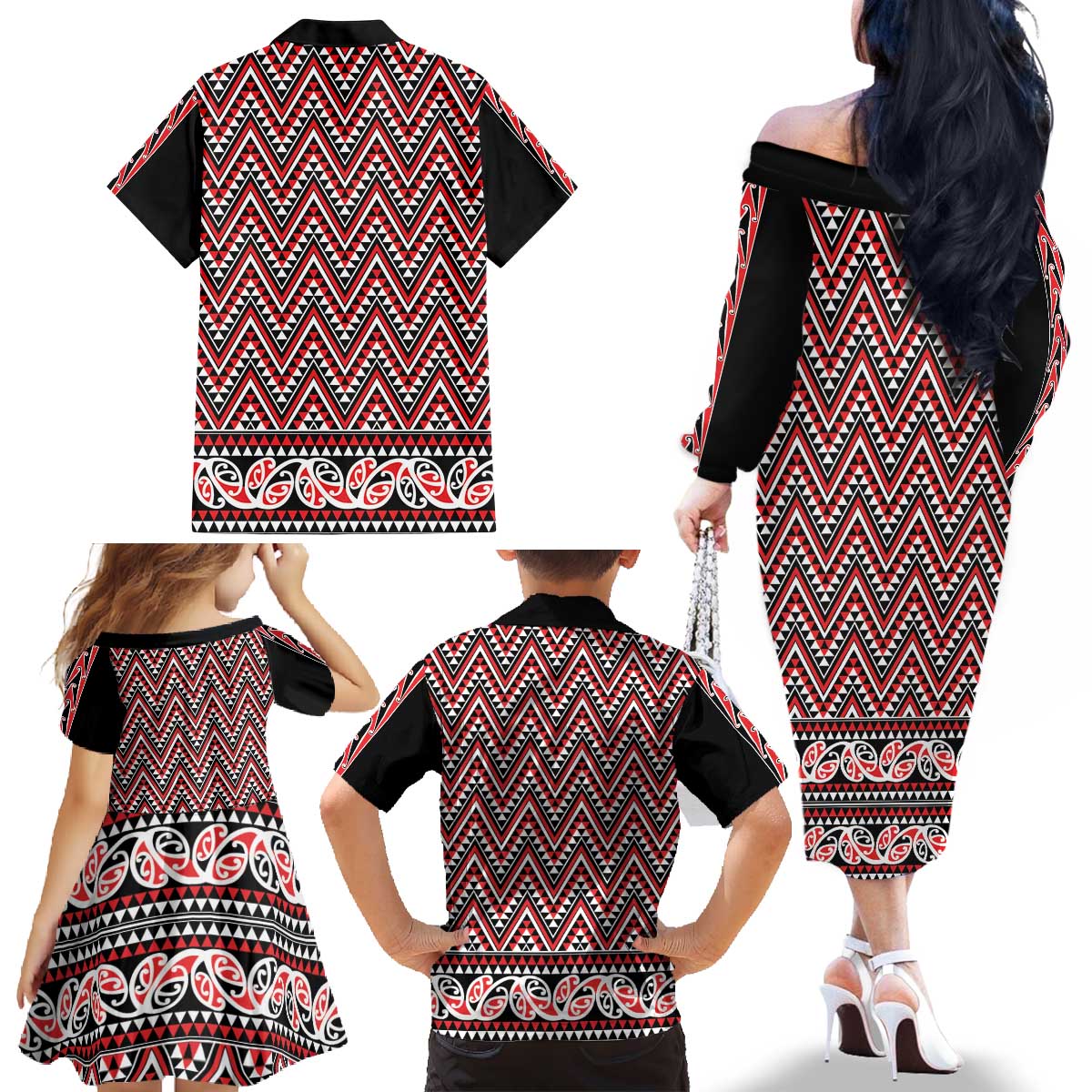 New Zealand Maori Niho Taniwha Family Matching Off The Shoulder Long Sleeve Dress and Hawaiian Shirt Whero Mangopare and Puhoro Pattern
