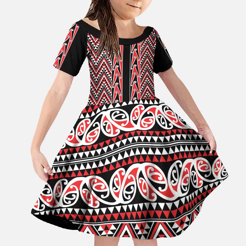 New Zealand Maori Niho Taniwha Family Matching Off Shoulder Maxi Dress and Hawaiian Shirt Whero Mangopare and Puhoro Pattern LT9 Daughter's Dress Red - Polynesian Pride
