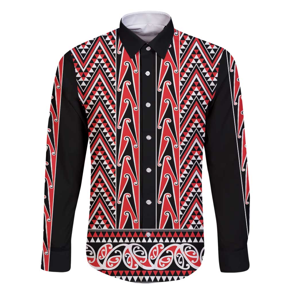 New Zealand Maori Niho Taniwha Family Matching Off Shoulder Maxi Dress and Hawaiian Shirt Whero Mangopare and Puhoro Pattern LT9 Dad's Shirt - Long Sleeve Red - Polynesian Pride