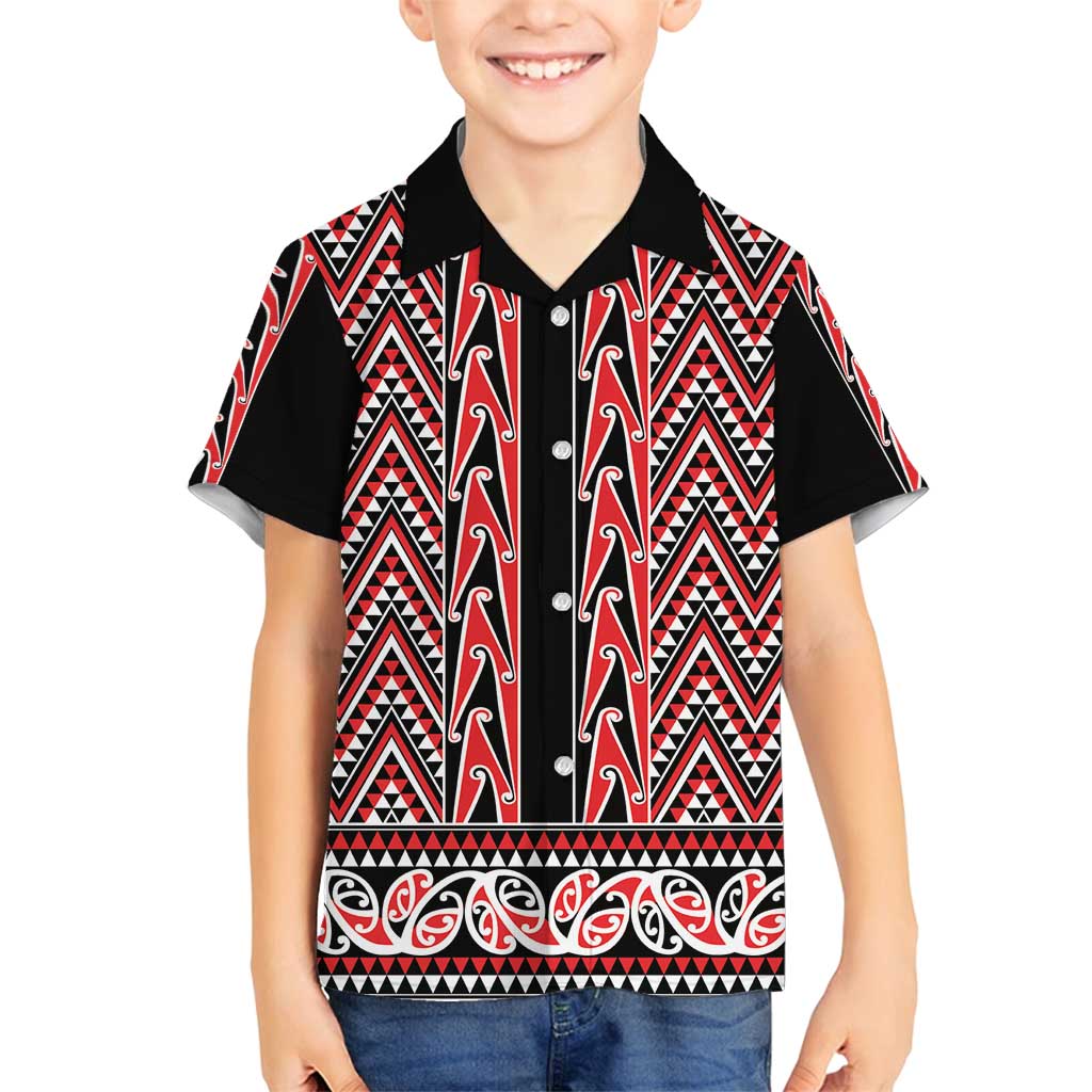 New Zealand Maori Niho Taniwha Family Matching Off Shoulder Short Dress and Hawaiian Shirt Whero Mangopare and Puhoro Pattern LT9 Son's Shirt Red - Polynesian Pride