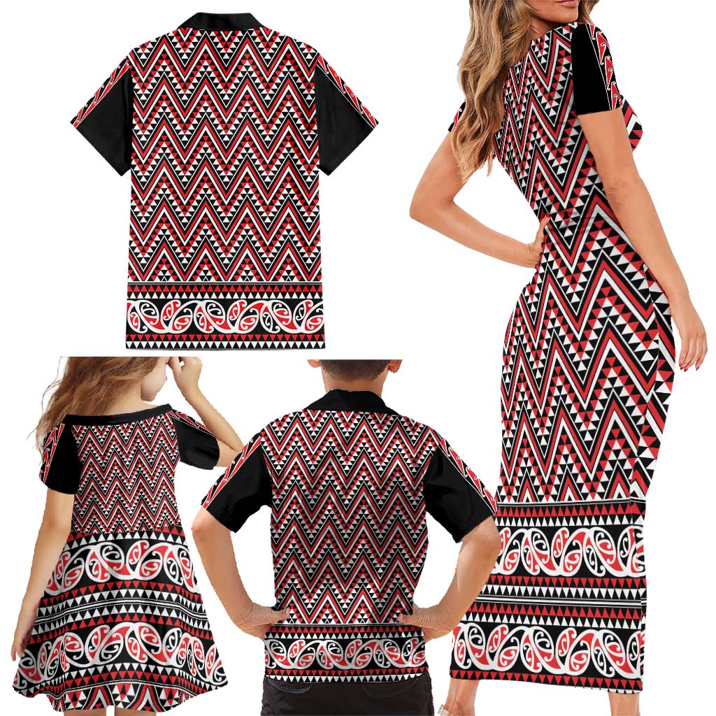 New Zealand Maori Niho Taniwha Family Matching Short Sleeve Bodycon Dress and Hawaiian Shirt Whero Mangopare and Puhoro Pattern