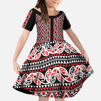 New Zealand Maori Niho Taniwha Family Matching Summer Maxi Dress and Hawaiian Shirt Whero Mangopare and Puhoro Pattern LT9 Daughter's Dress Red - Polynesian Pride