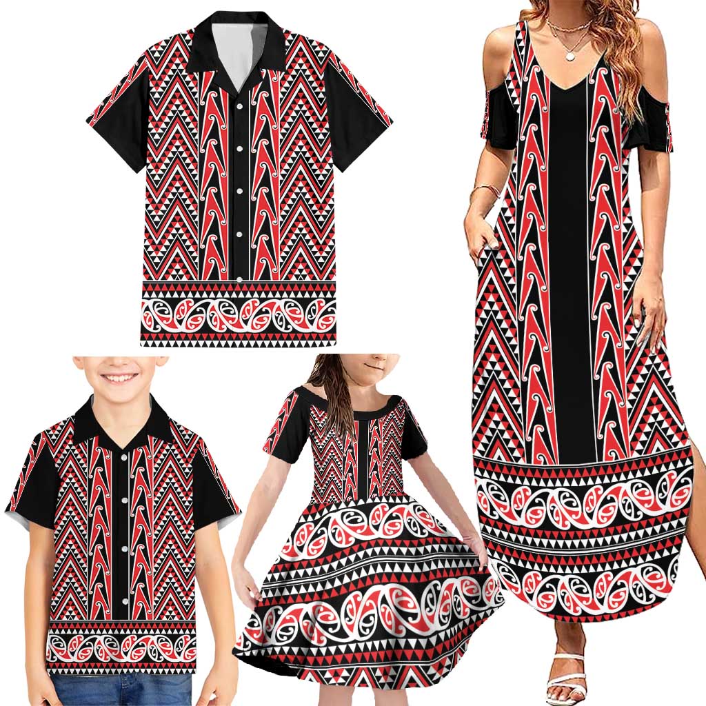 New Zealand Maori Niho Taniwha Family Matching Summer Maxi Dress and Hawaiian Shirt Whero Mangopare and Puhoro Pattern