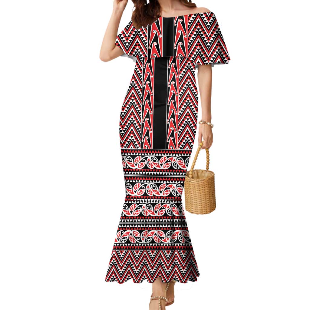 New Zealand Maori Niho Taniwha Mermaid Dress Whero Mangopare and Puhoro Pattern