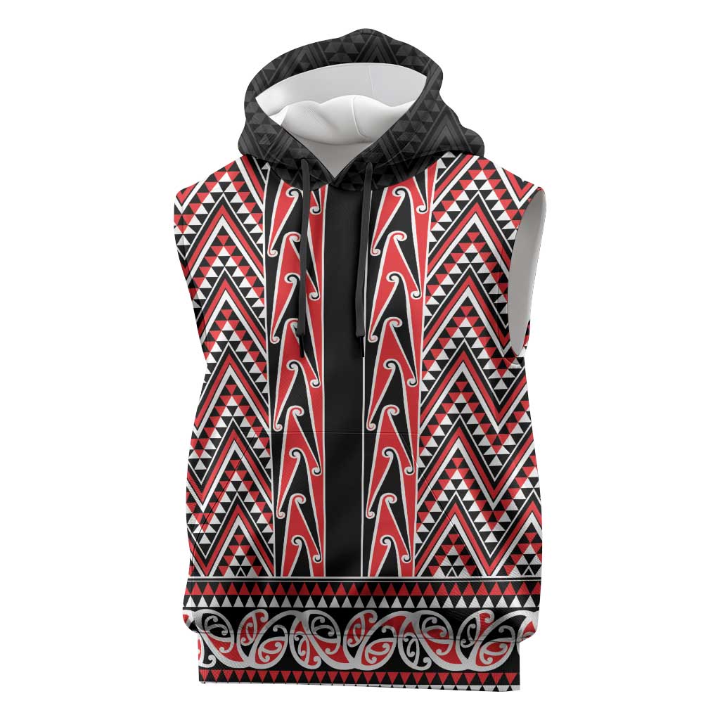 New Zealand Maori Niho Taniwha Sleeveless Hoodie Whero Mangopare and Puhoro Pattern - Polynesian Pride