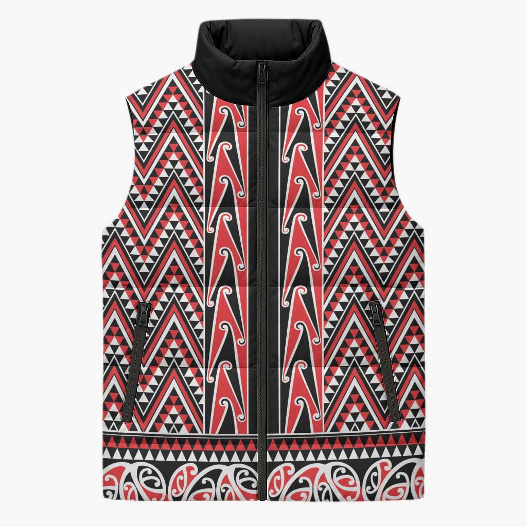 New Zealand Maori Niho Taniwha Sleeveless Puffer Jacket Whero Mangopare and Puhoro Pattern - Polynesian Pride