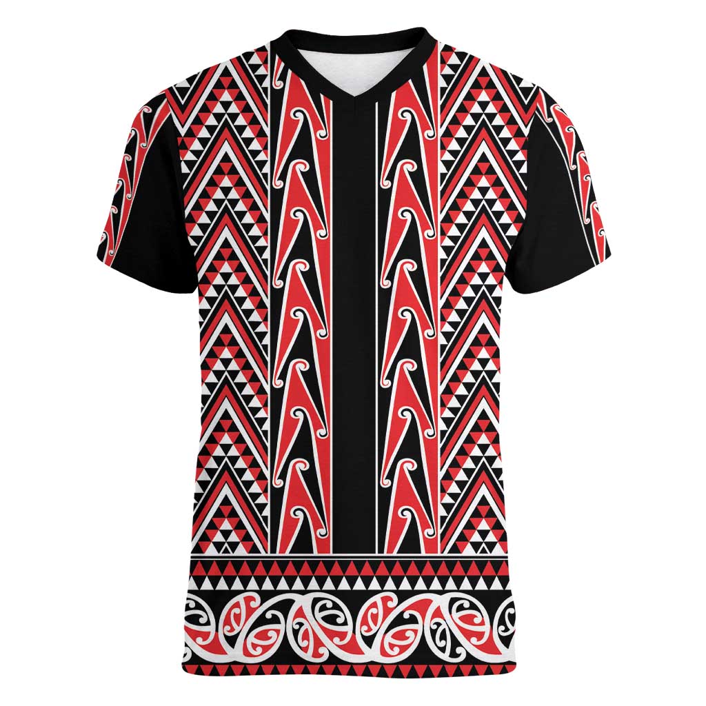 New Zealand Maori Niho Taniwha Women V-Neck T-Shirt Whero Mangopare and Puhoro Pattern