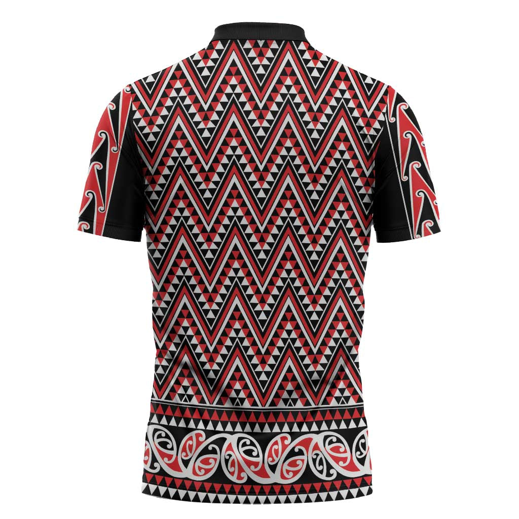New Zealand Maori Niho Taniwha Zipper Polo Shirt Whero Mangopare and Puhoro Pattern - Polynesian Pride