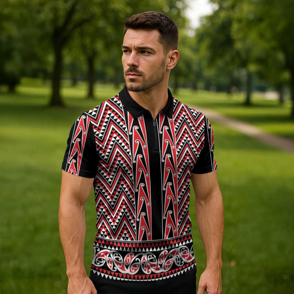 New Zealand Maori Niho Taniwha Zipper Polo Shirt Whero Mangopare and Puhoro Pattern - Polynesian Pride