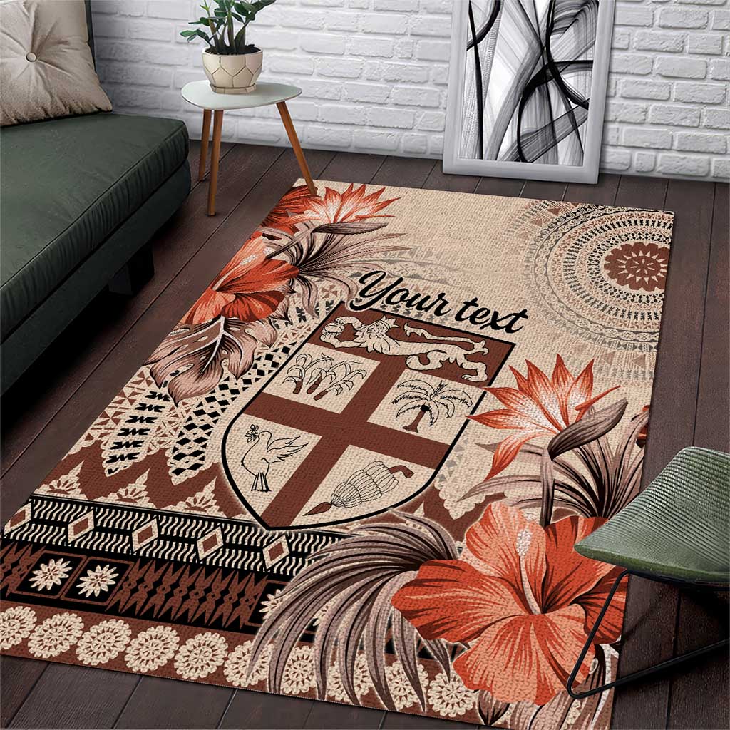 Vintage Bula Fiji Personalised Area Rug Beige Hibiscus Tapa Pattern