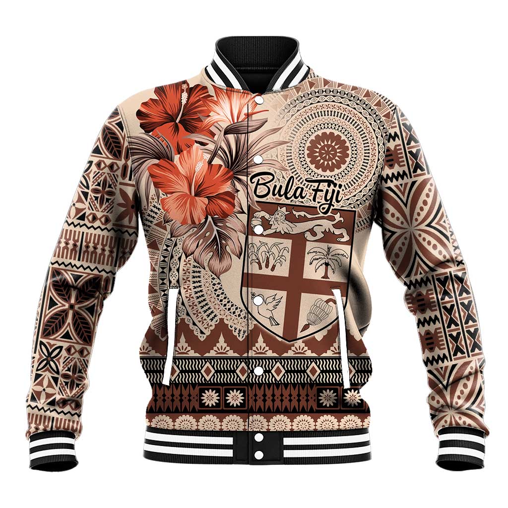 Vintage Bula Fiji Personalised Baseball Jacket Beige Hibiscus Tapa Pattern