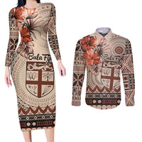 Vintage Bula Fiji Personalised Couples Matching Long Sleeve Bodycon Dress and Long Sleeve Button Shirt Beige Hibiscus Tapa Pattern