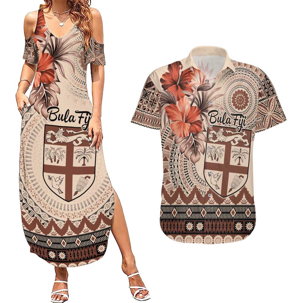 Vintage Bula Fiji Personalised Couples Matching Summer Maxi Dress and Hawaiian Shirt Beige Hibiscus Tapa Pattern