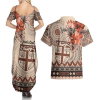 Vintage Bula Fiji Personalised Couples Matching Summer Maxi Dress and Hawaiian Shirt Beige Hibiscus Tapa Pattern