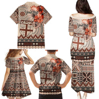 Vintage Bula Fiji Personalised Family Matching Puletasi and Hawaiian Shirt Beige Hibiscus Tapa Pattern