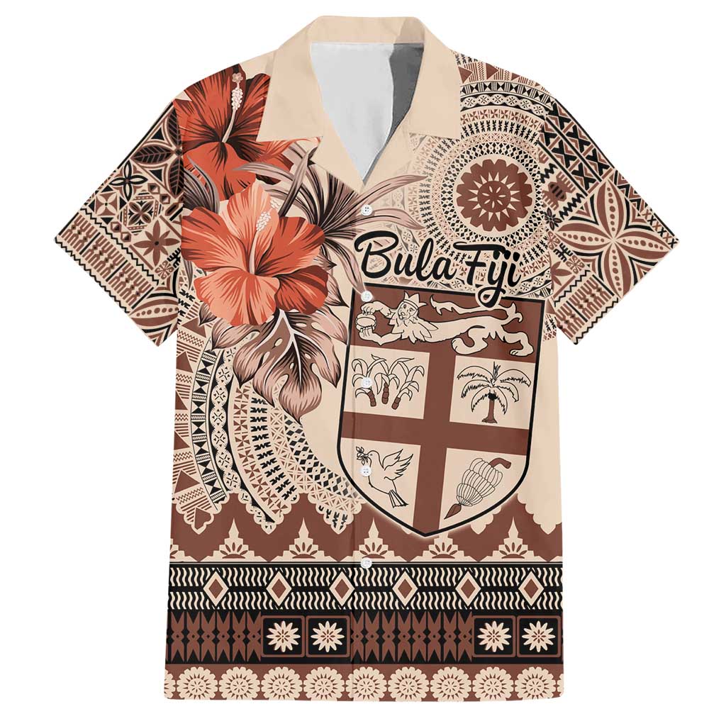 Vintage Bula Fiji Personalised Hawaiian Shirt Beige Hibiscus Tapa Pattern