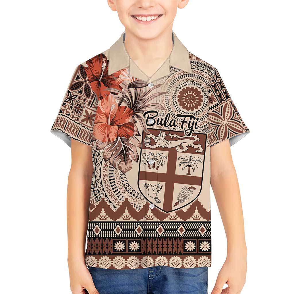 Vintage Bula Fiji Personalised Kid Hawaiian Shirt Beige Hibiscus Tapa Pattern