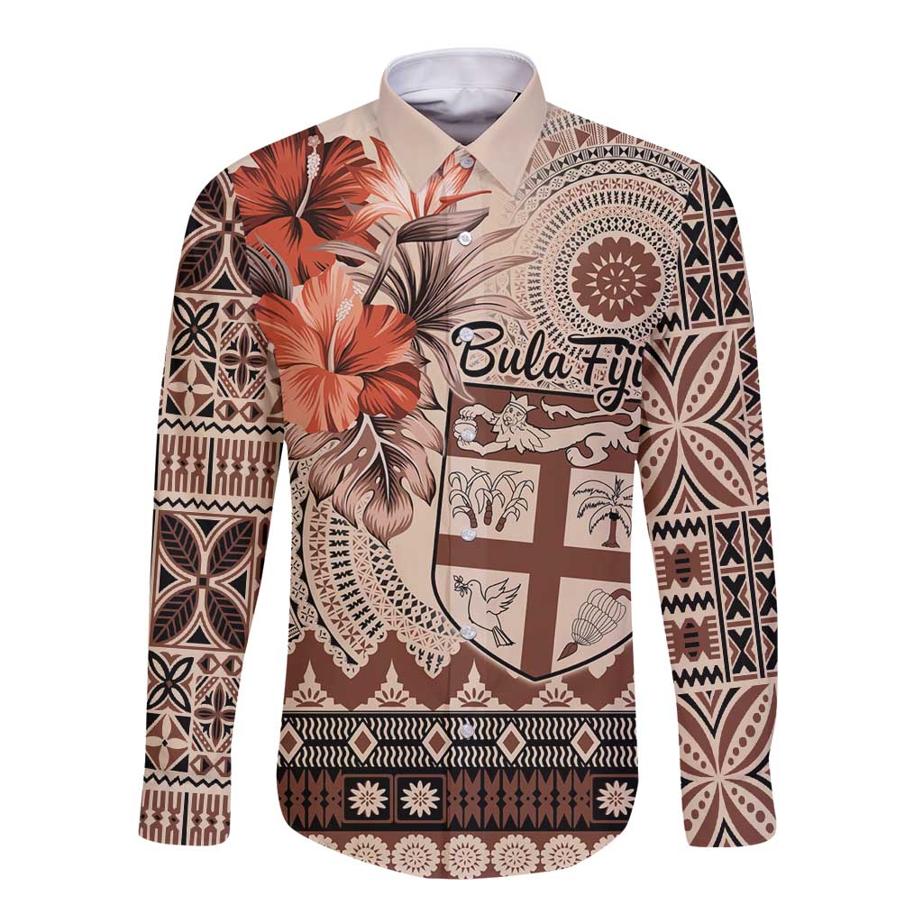 Vintage Bula Fiji Personalised Long Sleeve Button Shirt Beige Hibiscus Tapa Pattern