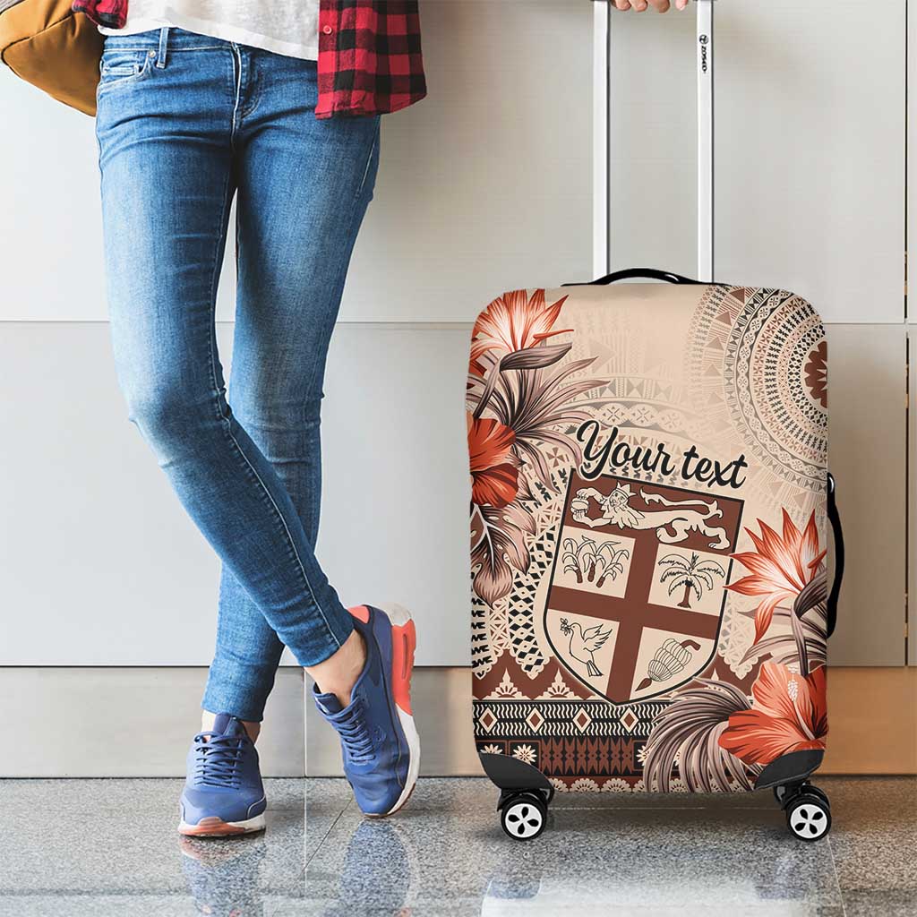 Vintage Bula Fiji Personalised Luggage Cover Beige Hibiscus Tapa Pattern
