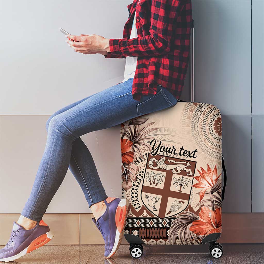 Vintage Bula Fiji Personalised Luggage Cover Beige Hibiscus Tapa Pattern
