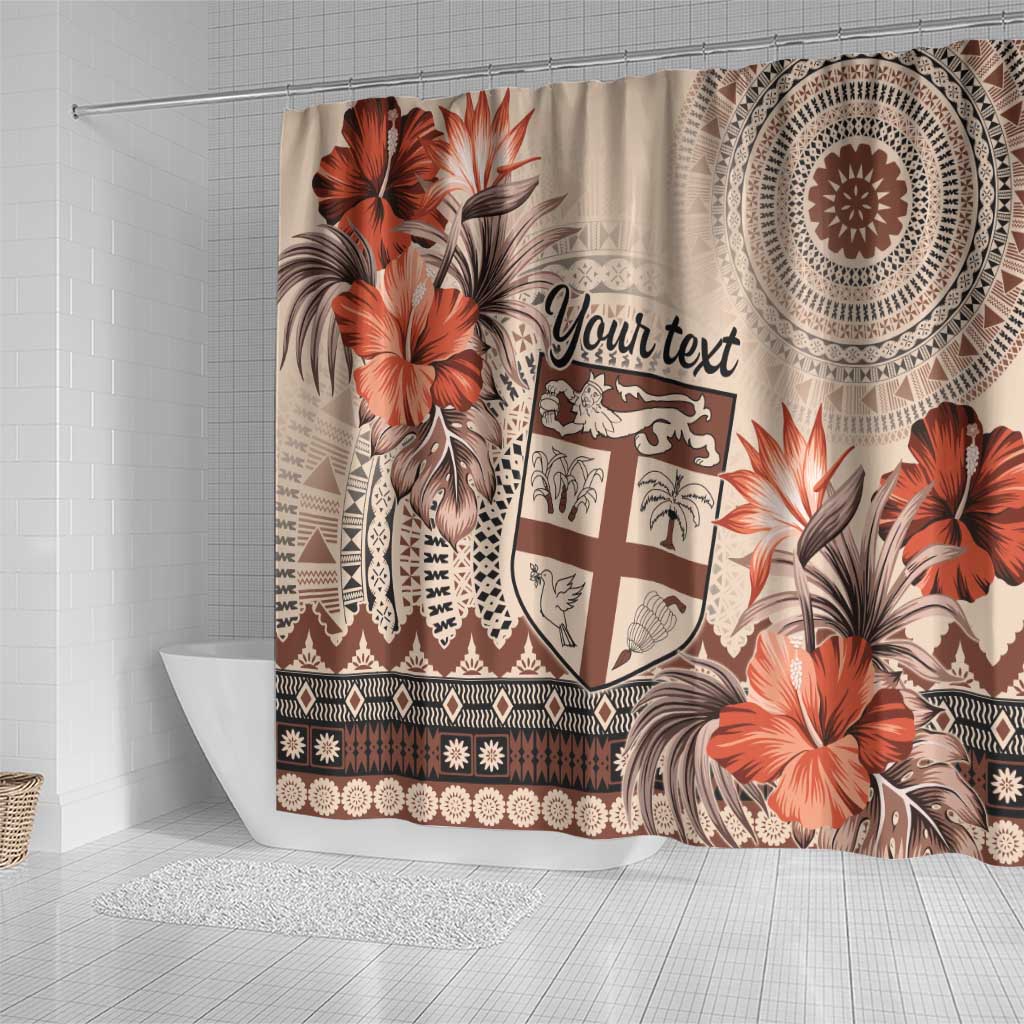Vintage Bula Fiji Personalised Shower Curtain Beige Hibiscus Tapa Pattern