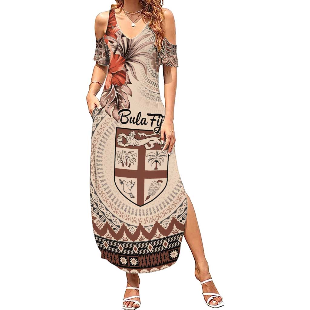 Vintage Bula Fiji Personalised Summer Maxi Dress Beige Hibiscus Tapa Pattern