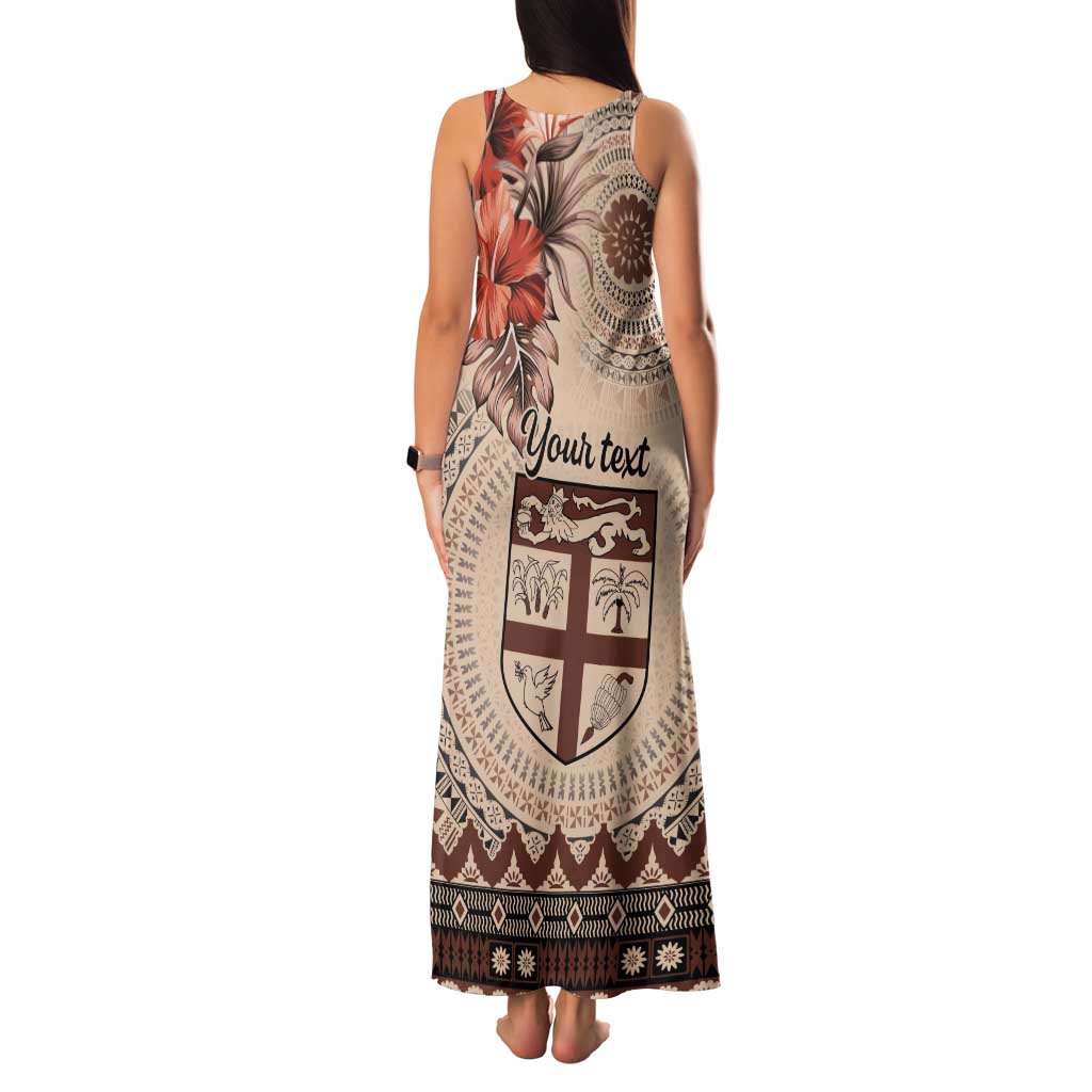 Vintage Bula Fiji Personalised Tank Maxi Dress Beige Hibiscus Tapa Pattern